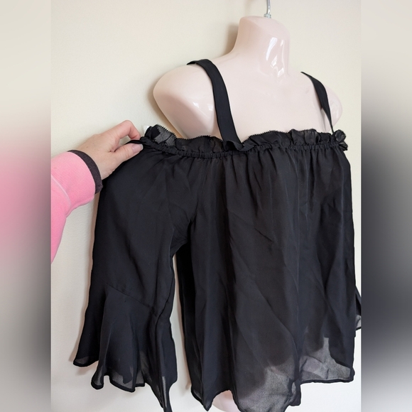 J. Crew Silk Black Ruffle Draped Cold / Off Shoulder Bell Sleeve size 10 - Picture 3 of 7